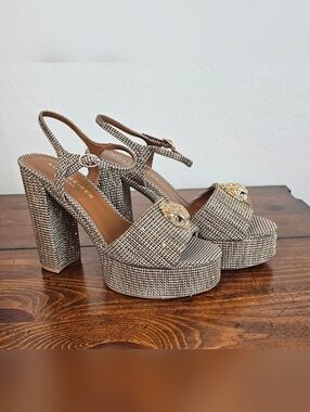 Kurt Geiger Metallic Sequin Platform Slingback Heels w/Gold Accent Womens Sz 9.5